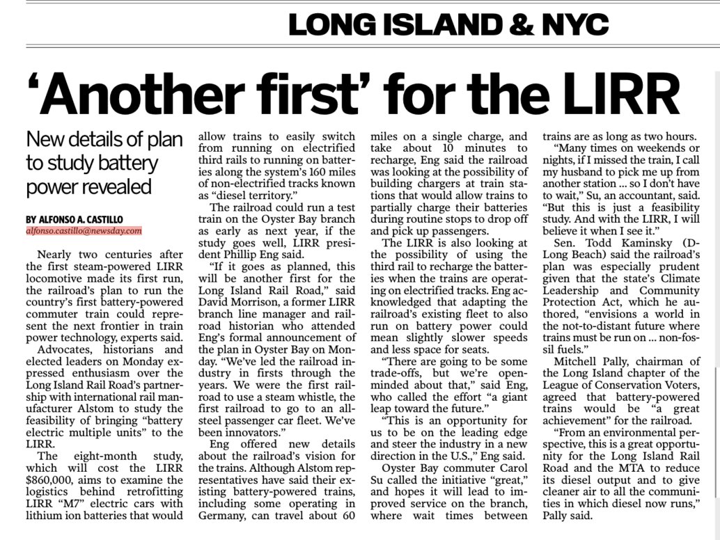 A year ago I was critical of the LIRR for buying 12 new diesel locomotives which have a 50 year life span. Today, I am pleased to see LIRR studying retrofitting trains with lithium ion batteries that would allow them to travel in non-electrified line like Port Jefferson.