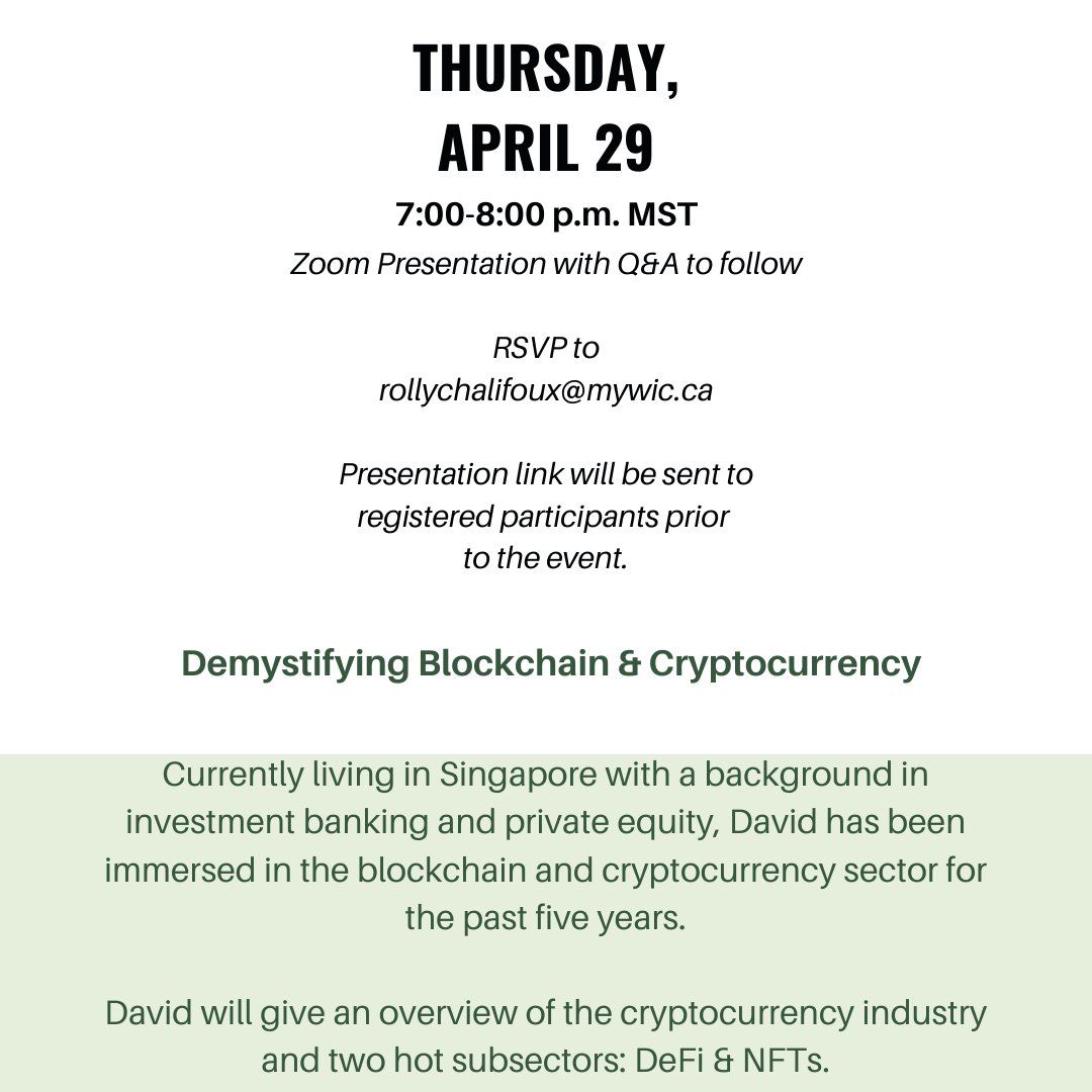 WICAlumni's tweet image. Get lost when the topic of Bitcoin, Ethereum and other cryptocurrencies come up? You're not alone! Join Alumnus Dave Waslen on April 29 as he demystifies the blockchain and cryptocurrency sector.