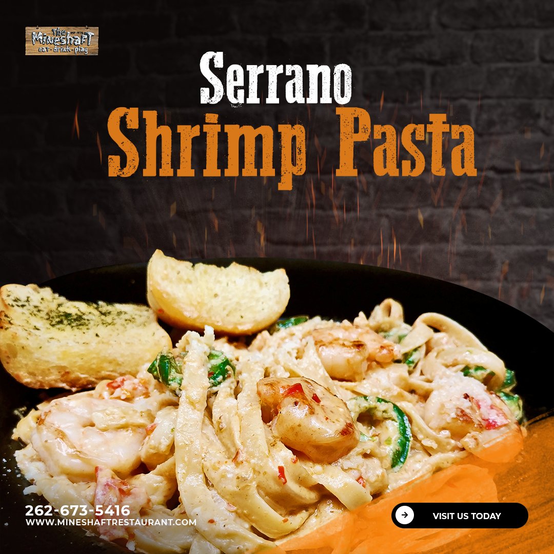 Sauteed garlic shrimp with fresh tomatoes, fresh jalapenos, and our signature serrano red pepper sauce over linguini