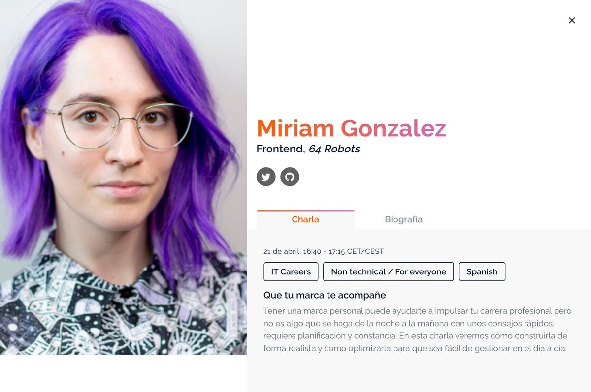 miriamgonp's tweet image. Mañana voy a estar en @CodemoMadrid hablando sobre 
✨Marca personal✨ ¿Quién se apunta?👇#CODECONF21ES 

🗓 21 de abril
🕟16:40 CET/CEST
👩‍💻Track 2
📺 bit.ly/entrada-codemo…
