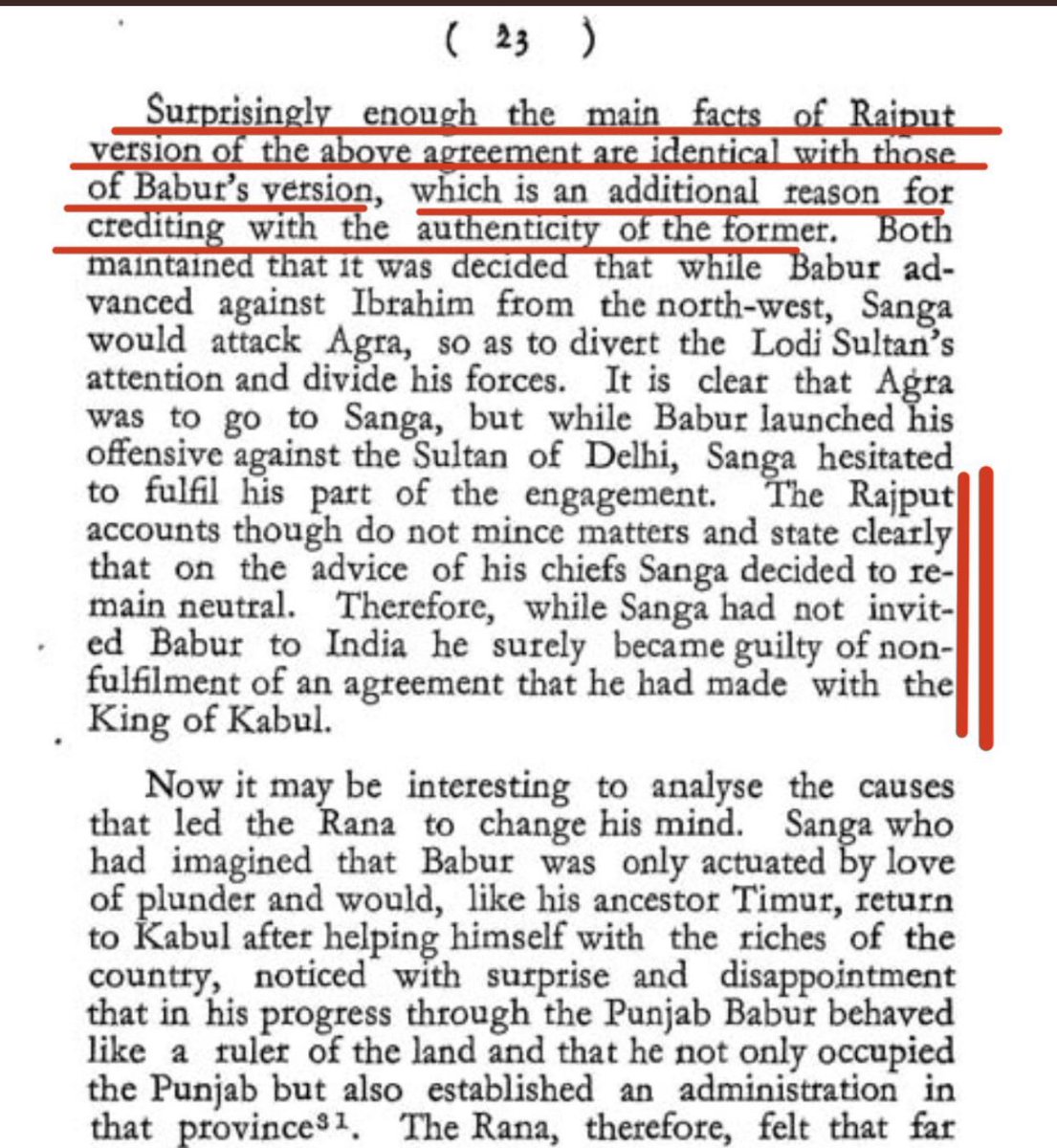 This is further attested by Rajput sources, which - while dismissing claims that the Rana invited the Mughals - confirm that an agreement was made between Rana Sanga and Babur which, the former did not honour.Source: Dr. GN Sharma ‘Mewar ka Sankshipt Itihas’