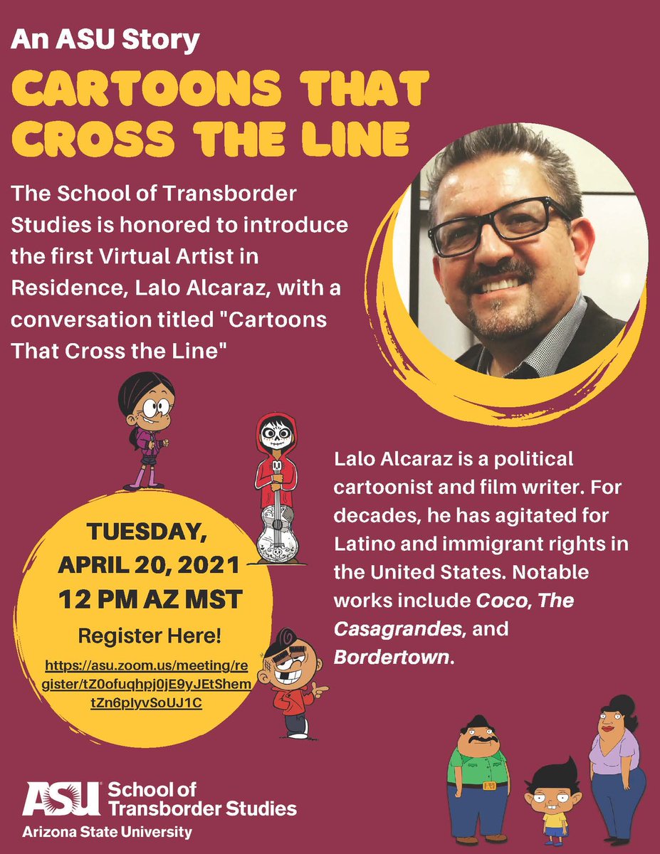 laloalcaraz's tweet photo. I launch my @ASU Artist In Residence TODAY at noon with a cartoon studded zoom talk! Sign up here: https://t.co/OZiatELw00 https://t.co/HrQwiqAAwt