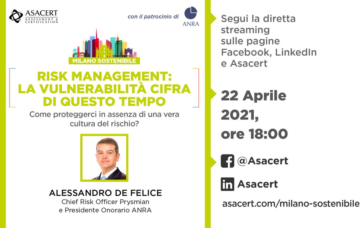 Giovedì 22/04 h 18 live sui canali #ASACERT :"Risk management: la vulnerabilità cifra di questo tempo. Come proteggerci in assenza di una vera cultura del rischio?". Nel panel <a href="/Defelal/">Alessandro De Felice</a>, Chief Risk Officer Prysmian S.p.A., Presidente Onorario @AnraRisk.
bit.ly/3mXw9Iz