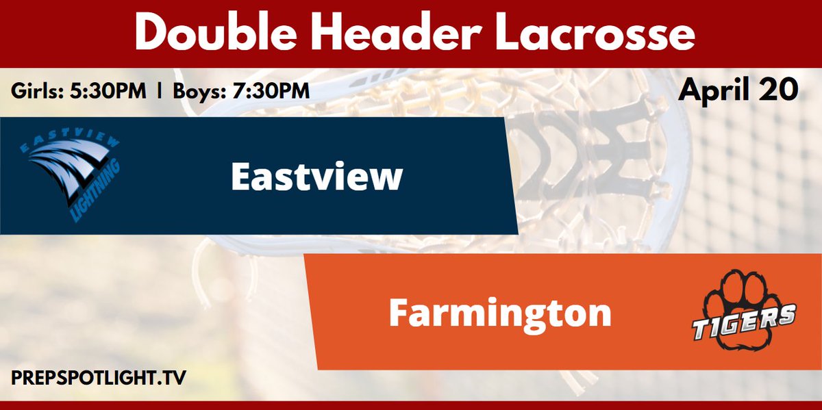 🥍LIGHTNING vs TIGERS🥍
<a href="/EVHSAthletics/">Eastview Athletics</a> // @ISD192Athletics 

⌚️5:30PM | 7:30PM
📺Watch: PrepSpotlight.TV/MSHSL