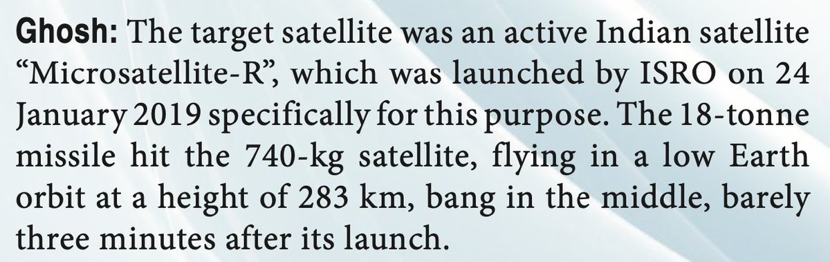 FWIW, elsewhere it’s noted that Microsat-R was launched “specifically for this purpose.” Interesting insight into the ISRO-DRDO firewall on this.