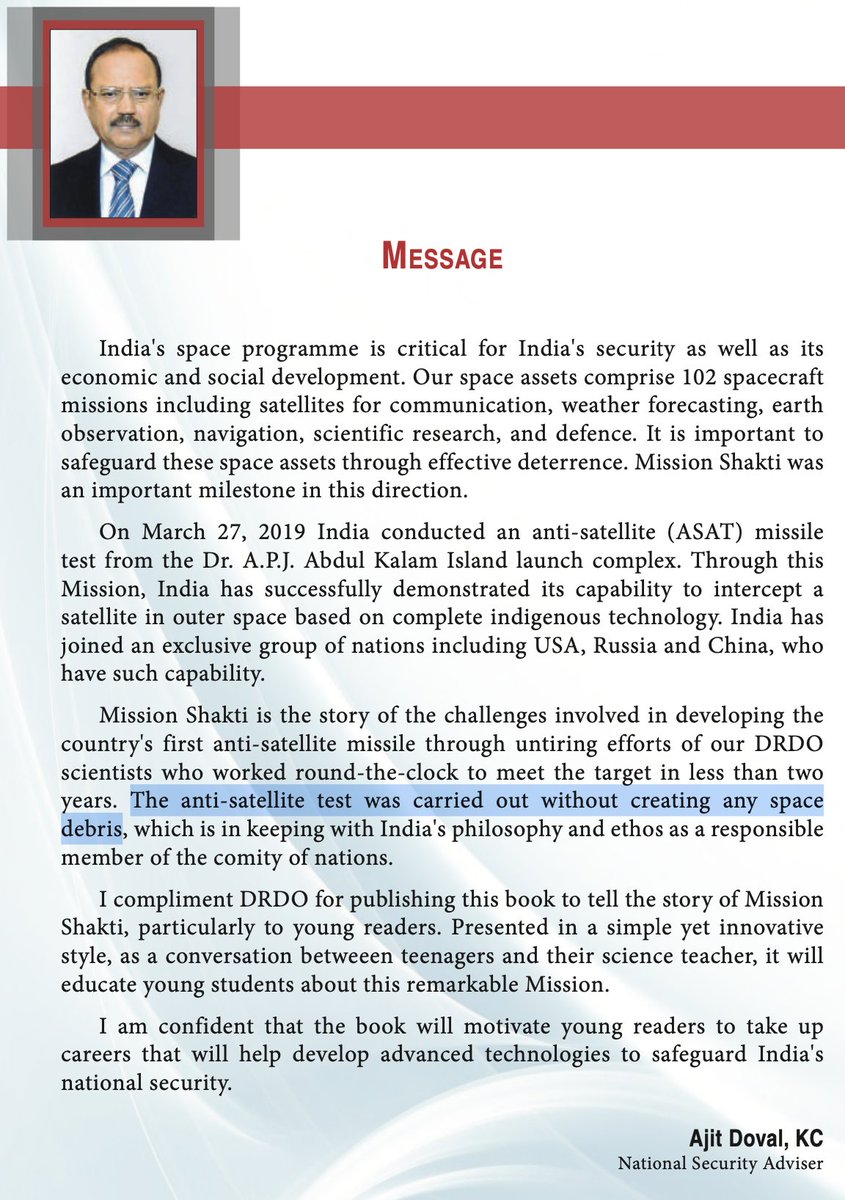 Doval’s foreword: “The anti-satellite test was carried out without creating any space debris, which is in keeping with India's philosophy and ethos as a responsible member of the comity of nations.” (Nope.)