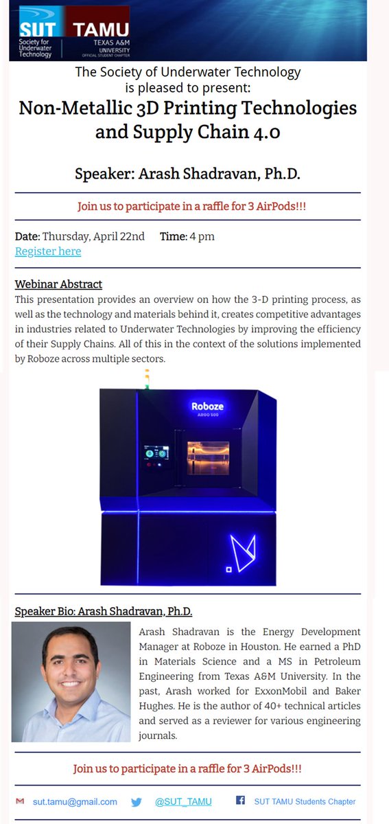 SUT_TAMU's tweet photo. SUT upcoming seminar:
Non-Metallic 3D Printing Technologies and Supply Chain 4.0 (Speaker: Dr.Arash Shadravan)
Thursday, April 22nd, 2021, 04:00 PM

Join us to participate in a raffle for 3 Airpods!!

Please register through the below link.
https://t.co/9niciKW3Wo https://t.co/5E5q3KSOwx