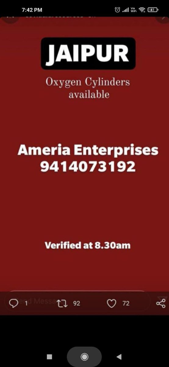 drunkgeek_'s tweet photo. Oxygen facilities in Jaipur. Verified but may run out of stock so please call and verify. 
@Shekhawat_1002 @TraderMindset @UtkarshV_BJP @HimanshuSBJYM @tiworryy https://t.co/tO6eymAV3Z