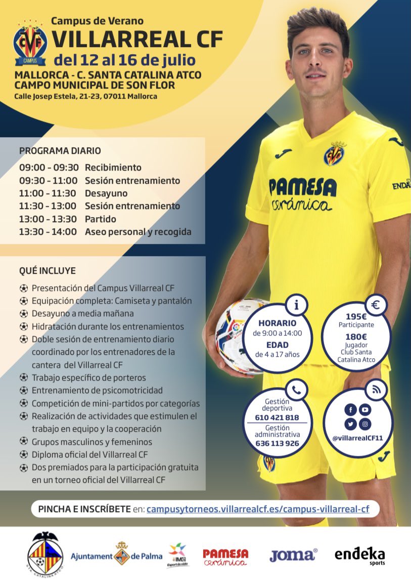 El Villarreal C.F llega a un acuerdo con el Santa Catalina Atlético para realizar un CAMPUS del 12 al 16 de julio para desarrollar la metodología de una de las canteras más importantes del fútbol español, en la que contaremos con técnicos del club castellonense.