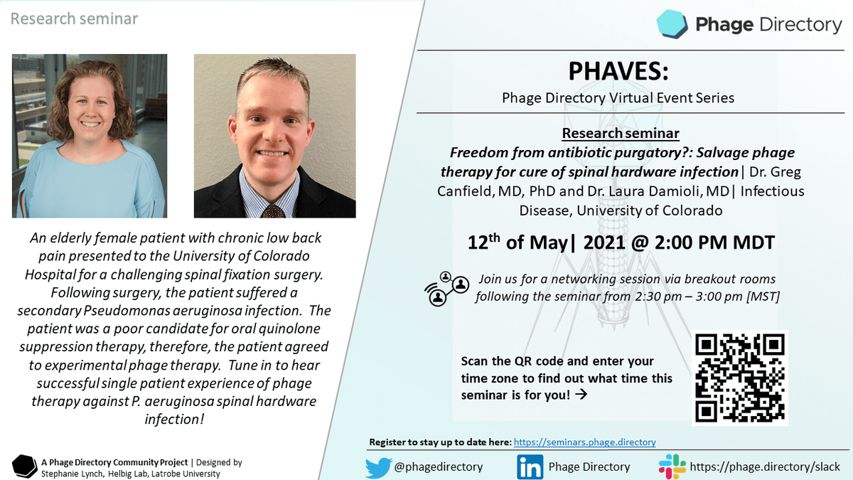 CU Anschutz Dept of Immunology & Microbiology (@cuamcimmu_micro) on Twitter photo Join the <a href="/phagedirectory/">Phage Directory</a> seminar "Freedom from antibiotic purgatory?: Salvage phage therapy for cure of spinal hardware infection" on May 12th at 12pm where <a href="/canfielg/">Greg Canfield</a> in @DuerkopLab <a href="/CUAnschutzMicro/">CU Anschutz Graduate Program in Microbiology</a> and Dr. Laura Damioli will be presenting! Register here: seminars.phage.directory/schedule/phave… Join the <a href="/phagedirectory/">Phage Directory</a> seminar "Freedom from antibiotic purgatory?: Salvage phage therapy for cure of spinal hardware infection" on May 12th at 12pm where <a href="/canfielg/">Greg Canfield</a> in @DuerkopLab <a href="/CUAnschutzMicro/">CU Anschutz Graduate Program in Microbiology</a> and Dr. Laura Damioli will be presenting! Register here: seminars.phage.directory/schedule/phave…