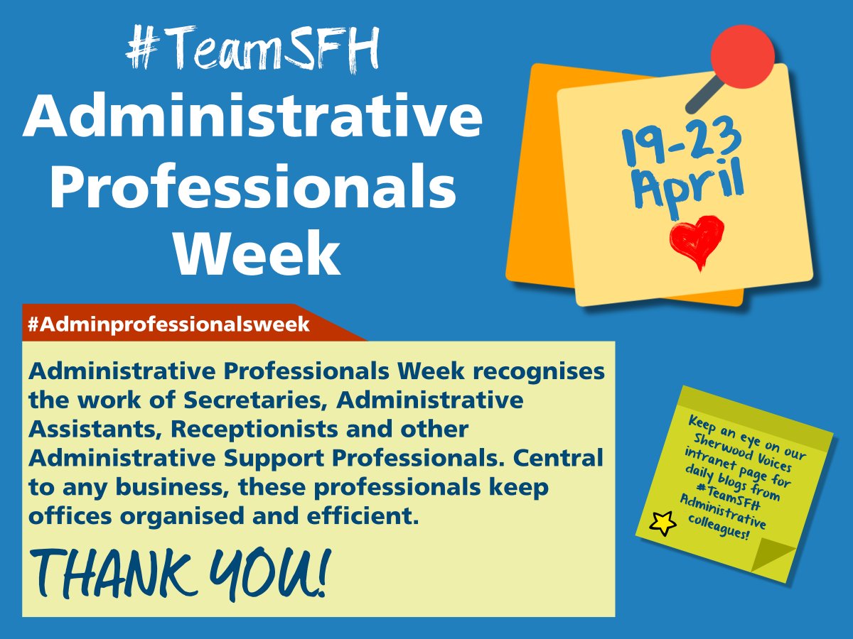 Today is #AdministrativeProfessionalsDay and our third blog in the Sherwood Voices #SFHAdmin takeover comes from Ann Gray, Patient Services Manager👉bit.ly/3v6r4Aw 

Ann's words of wisdom are ➡️
⭐️Treat everyone as you would expect to be treated yourself⭐️