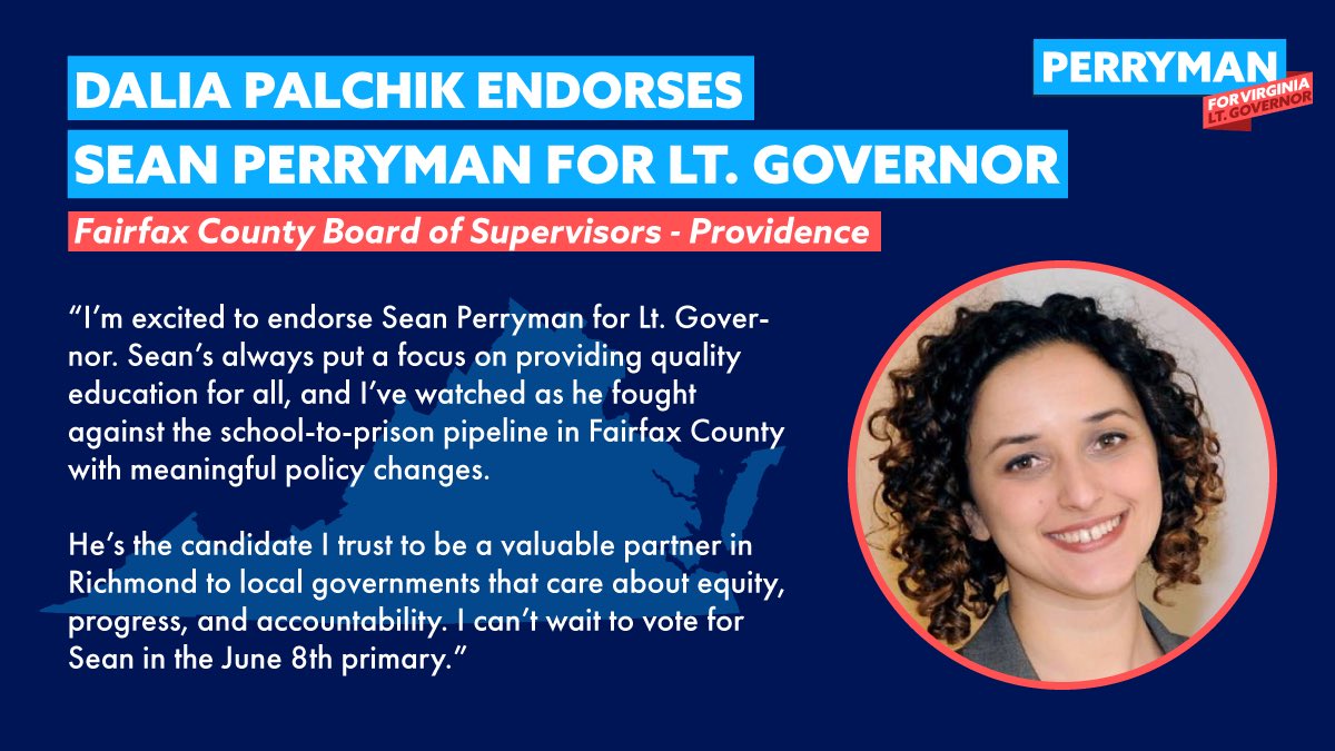 SeanPerrymanVA's tweet photo. Iโve worked with Supervisor @DaliaPalchik to bring racial and economic equity to our schools here in Fairfax County.
As Lt. Governor, Iโll work with her to bring that vision statewide and ensure that local governments have a trusted partner in Richmond. https://t.co/77XYg3Eb32