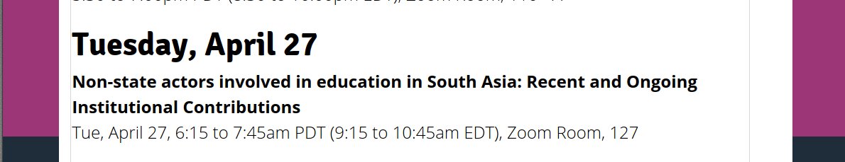 CIESouthAsiaSIG's tweet photo. Tuesday, April 27 
Non-state actors involved in education in South Asia: Recent and Ongoing Institutional Contributions
6:15 to 7:45am PDT
#vCIES21 #vCIES #SASIGvCIES https://t.co/CMiosi5aIn