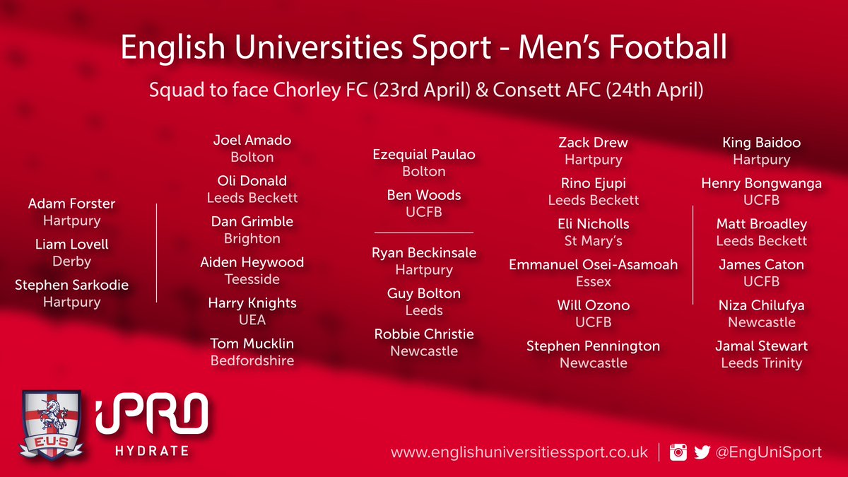 SQUAD | Men's Football

Head Coach @WC7_23 has announced his squad to take on <a href="/chorleyfc/">Chorley FC</a> this Friday and <a href="/ConsettAFC/">Consett AFC</a> this Saturday. 

Congrats to all those selected, we'll be providing match updates on here for both games!