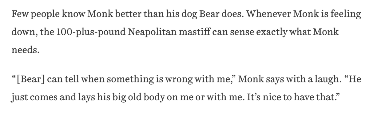 PaoloUggetti's tweet photo. Monk opened up about struggling with social media early in his career and a panic attack last March. The two things that have helped: therapy and his dog, Bear: https://t.co/l6xlMqdN5c https://t.co/WGSHx7U1xt