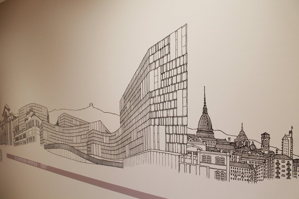 Recently at @lavazzagroup's headquarters in Turin for the installation of my sky(time)line mural drawing of the building site — from a Fourth Century Paleo-Christian basilica to the new 'Nuvola' building, via an incredible 1800s power station