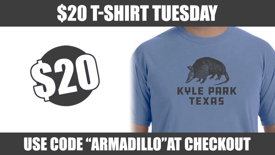 kyle_park's tweet photo. $20 T-Shirt Tuesday! Get the official state animal of Texas on a KP shirt- use code "Armadillo" at checkout for the deal.
https://t.co/yBAPYjD0gj
#merchdeal #texascountry #countrymusic https://t.co/VnkxWyTwmn
