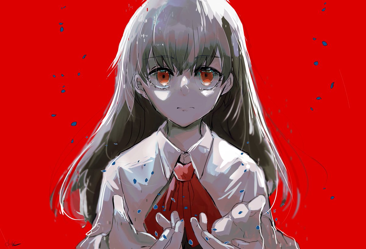 ib (ib) 1girl red background long hair red eyes looking at viewer solo shirt  illustration images