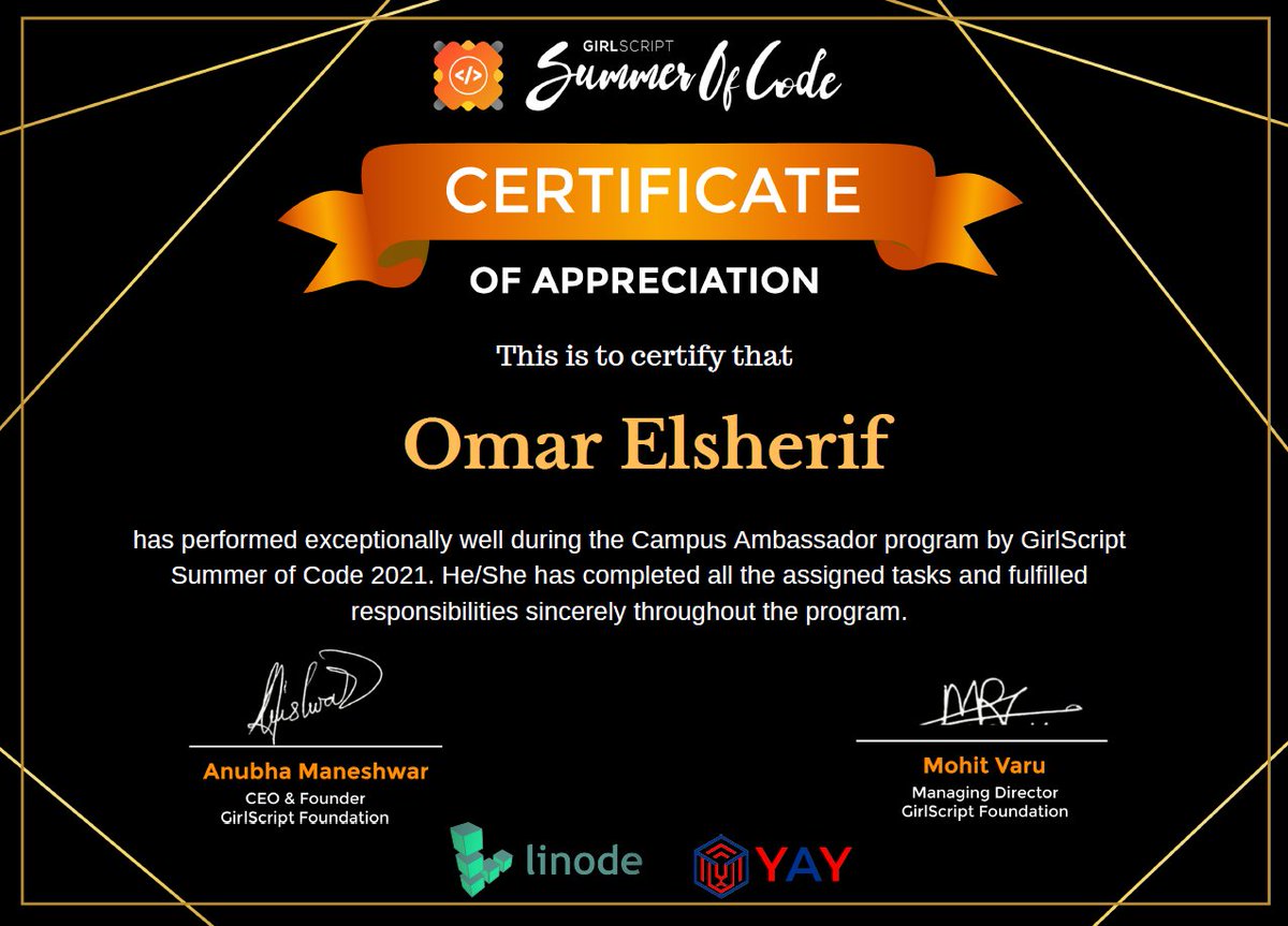 omarelsherif010's tweet image. I finally received my Campus Ambassador Certificate of Appreciation of GirlScript Summer of Code '21. Thank you @girlscriptsoc for giving me the chance to help students grow in the open source environment.
#girlscript #girlscriptsummerofcode #girlscriptfoundation #opensource