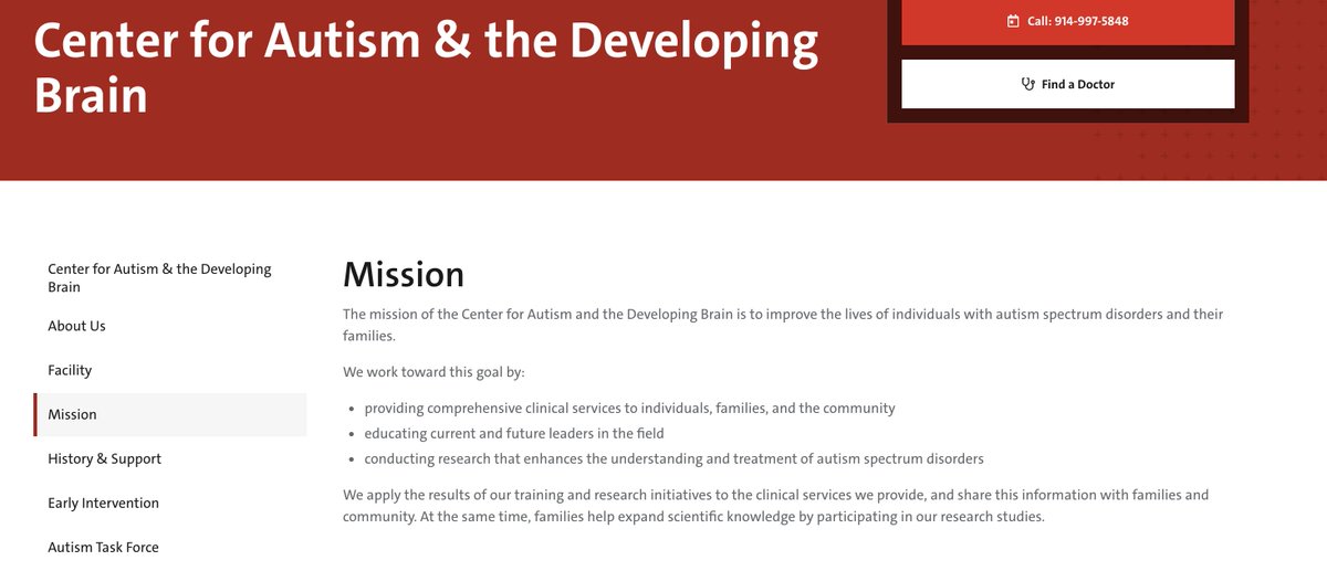AFTER NFA's response, "Center for Autism and the Developing Brain" attempted to gaslight critics. By silently removing "prevent Autism Spectrum Disorder" from their mission statement. See below the before and after. 3rd Bullet Point. https://twitter.com/Barbedtwo/status/13845125556877557795/12A