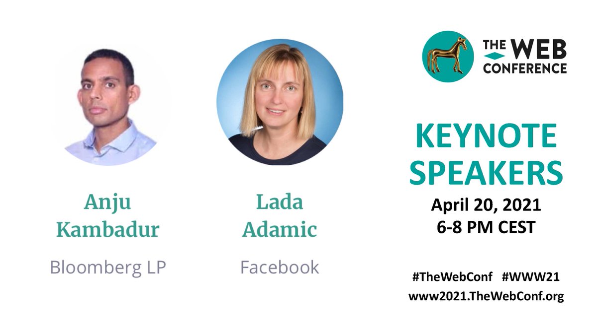 TheWebConf's tweet image. #TheWebConference 2021 evening keynote speakers from 6 to 8 PM CEST: Anju Kambadur on Knowledge Graphs &amp;amp; Natural Language in Finance and Lada Adamic on The Geography of Social Ties. Chair: @jure  youtu.be/pSLzK-oBwDs #WWW21