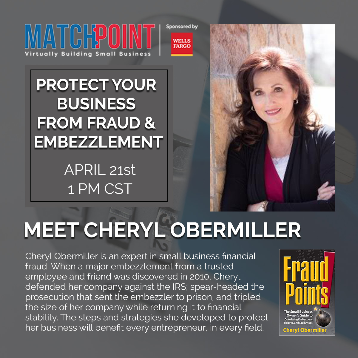 TLCMatchPoint's tweet photo. Meet tomorrow's webinar panelist, Cheryl Obermiller! We'll be streaming live on the TLC MatchPoint Facebook page at 1 PM CST on 4/21/2021. #FraudPoints #BusinessFraud #thePotHoleQueen https://t.co/zaWyXaFwvW