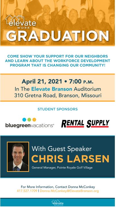 ElevateBranson's tweet photo. REMINDER, YOU'RE INVITED!!
Tomorrow we get to celebrate our next graduating class from Elevate Work @ 7:00 P.M. with guest speaker Chris Larsen, General Manger at Pointe Royale Golf Village!  Who's coming to help show how proud we are at the success of our graduates?? https://t.co/GQ3vWZtyqw