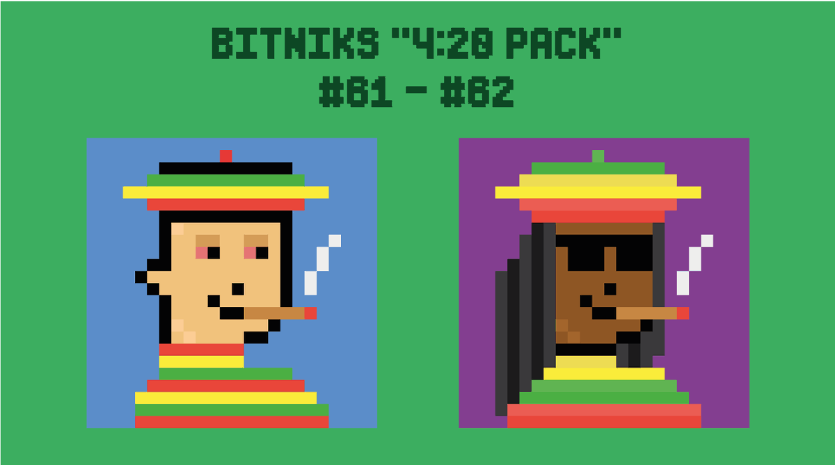 Happy 4/20 🎉

Bitniks #61 &amp; #62 - 0.02 Eth each
opensea.io/collection/bit…
#unofficialpunks #bitniks #NFTs