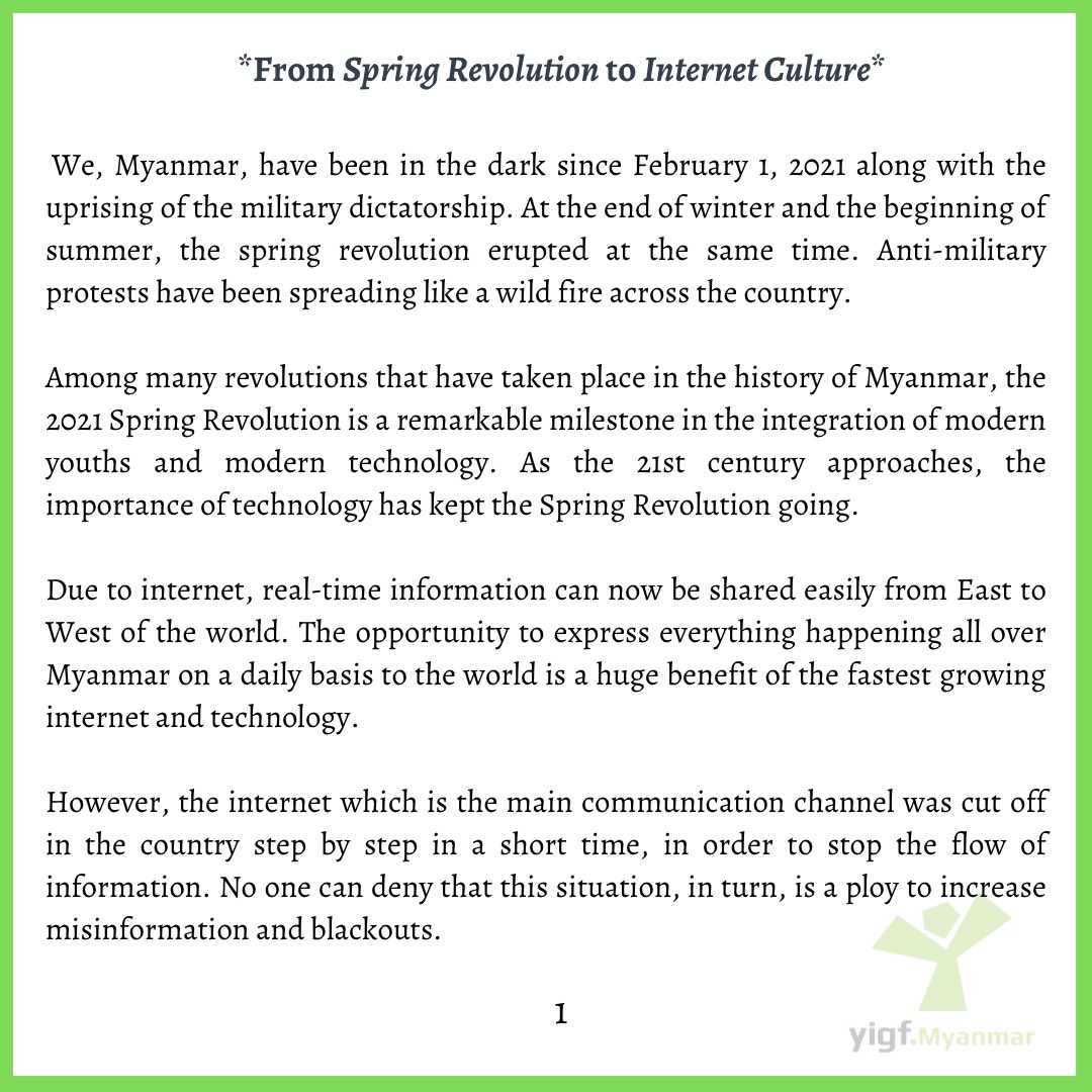 yIGF_Myanmar's tweet photo. From #SpringRevolution to  #InternetCulture in #Myanmar 

No one can deny that #InternetShutdownInMyanmar is a ploy to increase misinformation and blackouts. Read more 👇

#YIGF #YIGFMyanmar #FactCheck #FakeNews #misinformation #disinformation #WhatsHappeningInMyanmar #netgov https://t.co/qL13FoOGR4
