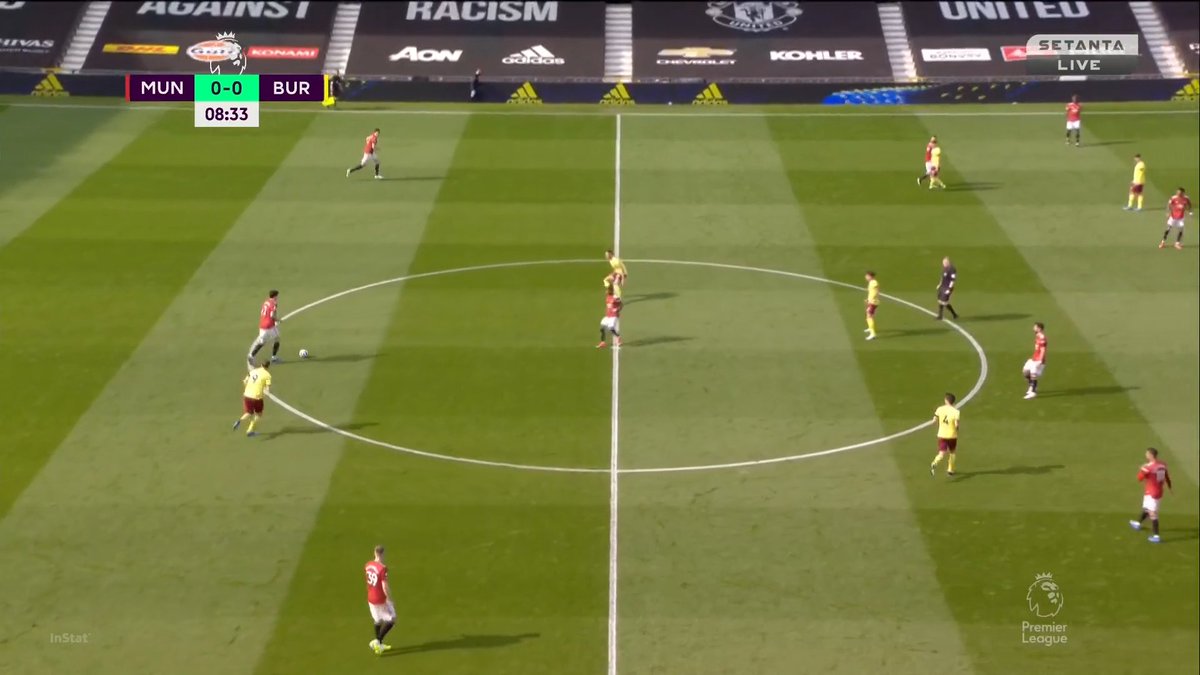 This is an example of our slow play at times. Fred comes centrally and it drags Burnley's CF in. This leaves space for Maguire to progress but Lindelöf's pass to him is so slow it allows the CF to circle back in time.We don't play fast enough at times and it shows.