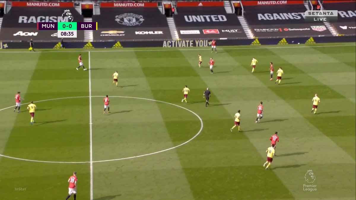 This is an example of our slow play at times. Fred comes centrally and it drags Burnley's CF in. This leaves space for Maguire to progress but Lindelöf's pass to him is so slow it allows the CF to circle back in time.We don't play fast enough at times and it shows.