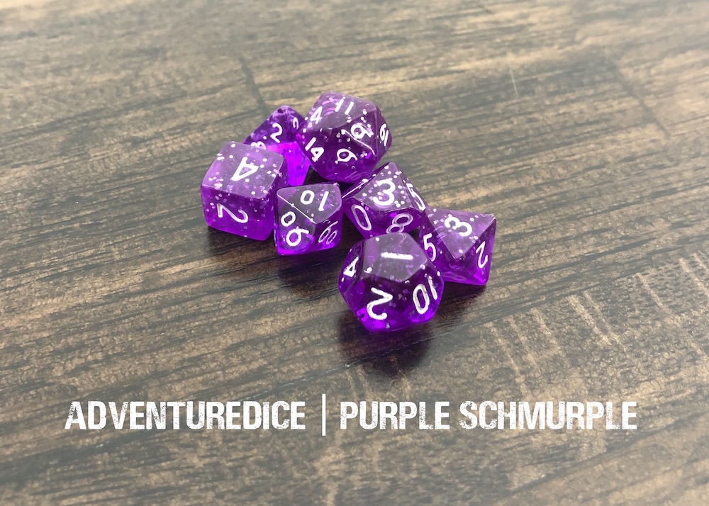 I’m sure that in 1985 plutonium is in every corner drug store, but in 1955, it’s a little hard to come by!

Purple Schmurple mini #rpg #dice set are transparent purple with silver sparkles and white numbering. 🎲 adventuredice.ca/product/dg1011…