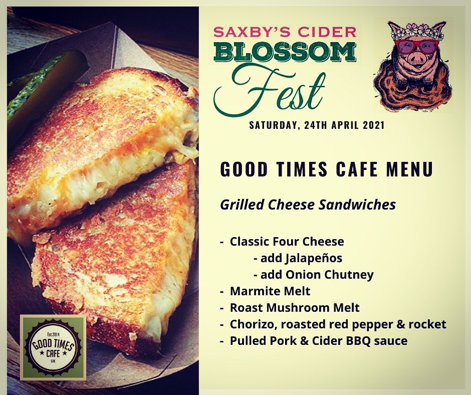 #yummy menu choices at #blossomfest this Saturday at @saxbys_cider from <a href="/GoodTimesCafeUK/">Good Times Cafe UK</a>. The bar will be open &amp; the music will be playing. DJ in the afternoon and Lunaxis in the evening. A few more tix have just been released too! Tell your friends! saxbyscider.co.uk/cider-parties