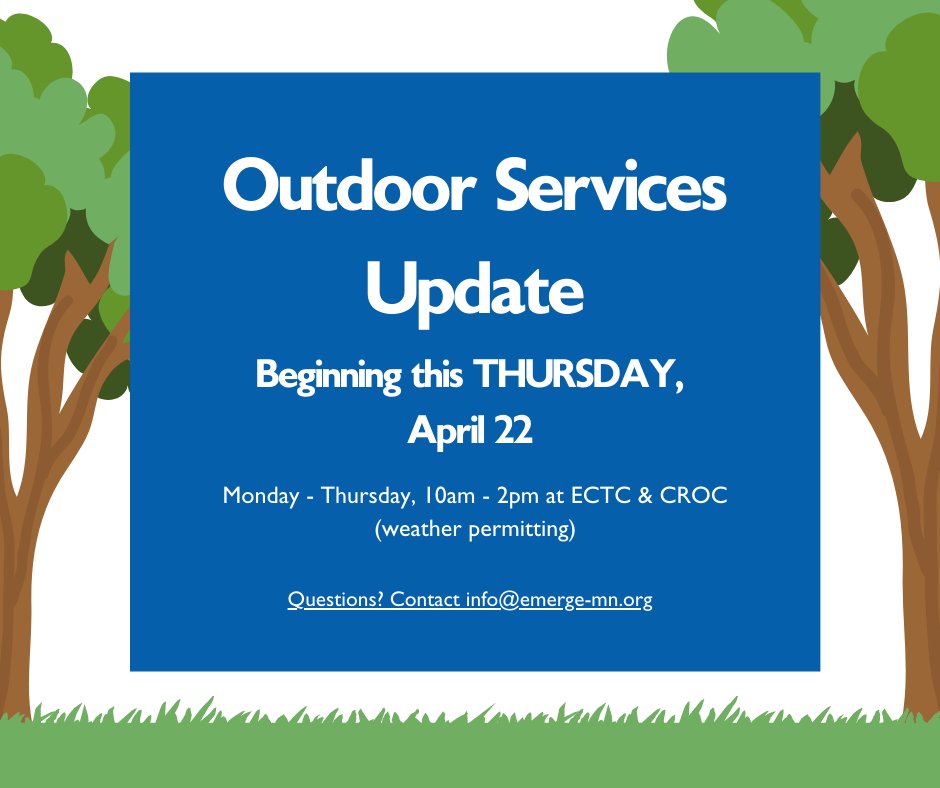 Gotta love that Minnesota weather! Due to inclement weather, outdoor services at EMERGE will now resume beginning this Thursday, April 22 (weather permitting). Stay tuned for any changes via our website and social channels. https://t.co/u2dETNIpK9