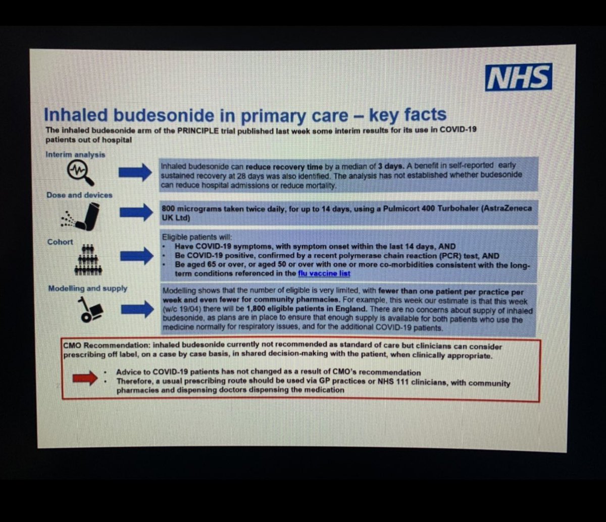 Listening into the ‘Inhaled Budesonide in CoVID-19’ @OxPrimaryCare @TrialPrinciple webinar. Incredible work done by the team, with the study showing  ‘Inhaled Budesonide can reduce recovery time by ... 3 days’ #Principletrial #COVID19