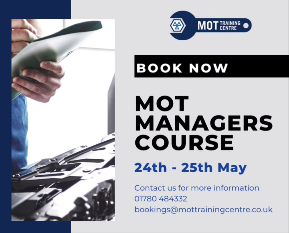 MOT Training Centre (@mottrainingcent) on Twitter photo Want to become an MOT Manager? ๐ง ๐ Book onto our MOT Managers Course!
TWO remaining places left.
Dates: 24th - 25th May
(We do not charge VAT on our courses)
Book NOW!! ๐๐ผ
๐ 01780 484332
๐ง bookings@mottrainingcentre.co.uk
๐ mottrainingcentre.co.uk
#motmanagers #mot Want to become an MOT Manager? ๐ง ๐ Book onto our MOT Managers Course!
TWO remaining places left.
Dates: 24th - 25th May
(We do not charge VAT on our courses)
Book NOW!! ๐๐ผ
๐ 01780 484332
๐ง bookings@mottrainingcentre.co.uk
๐ mottrainingcentre.co.uk
#motmanagers #mot