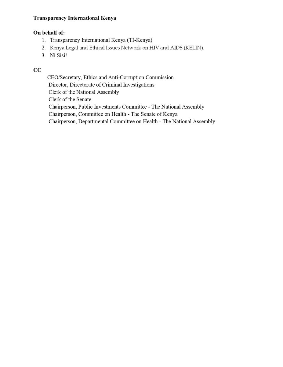 We are concerned about the length of time it has taken to investigate, charge &amp; prosecute the alleged perpetrators involved in #KemsaCovidHeist. We request the authorities to provide an update on the #KEMSAProbe process as per our earlier letter bit.ly/3exfsQH <a href="/ODPP_KE/">Office of The Director Of Public Prosecutions</a>