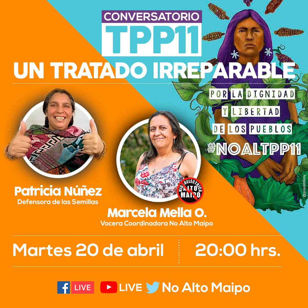 NoAltoMaipo's tweet photo. HOY, imperdible conversatorio donde hablaremos sobre el tratado TPP11 y como nos afecta a todas y todos, te invitamos a participar y compartir esta invitación. Nos vemos a las 20:00 hrs. Por las RRSS de No Alto Maipo.
#NoAlTPP11 #PorElAguaDeStgo #ProtegeElCajón #NoAltoMaipo https://t.co/BWk9RvcgM6