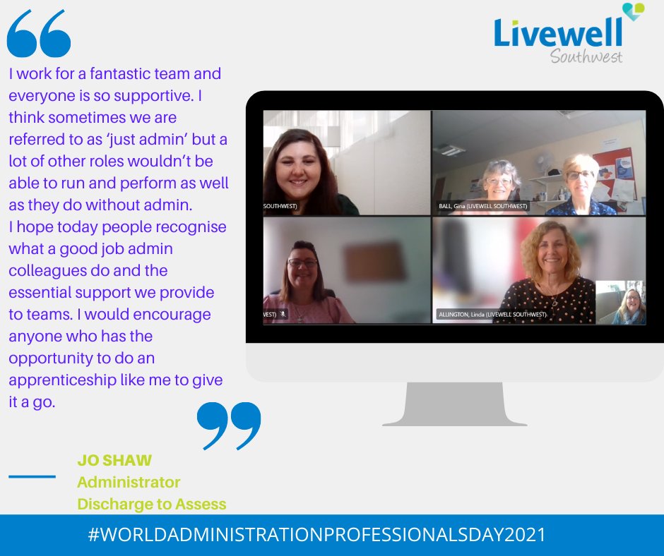Fay, Ehlana, Jo, Linda, Gina and Val make up the ab fab Admin Team for the Discharge to Assess (D2A) Service!
Jo joined Livewell via an apprenticeship after working in retail for more than 30 years. 🥳
#WorldAdministrationProfessionalsDay2021