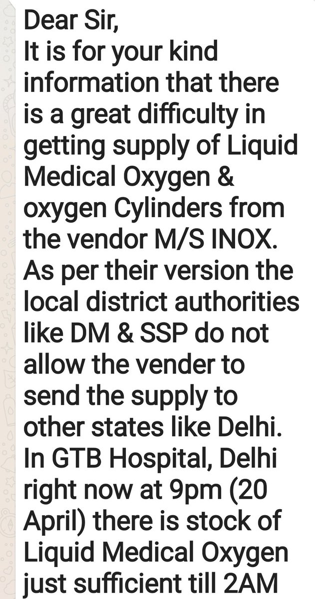 SatyendarJain's tweet photo. Acute shortage of oxygen at GTB Hospital. Oxygen may not last beyond 4 hrs. More than 500 corona patients on oxygen. Pl help
@PiyushGoyal 
 to restore oxygen supply  to avert major crisis. https://t.co/QNMSoWgNTA