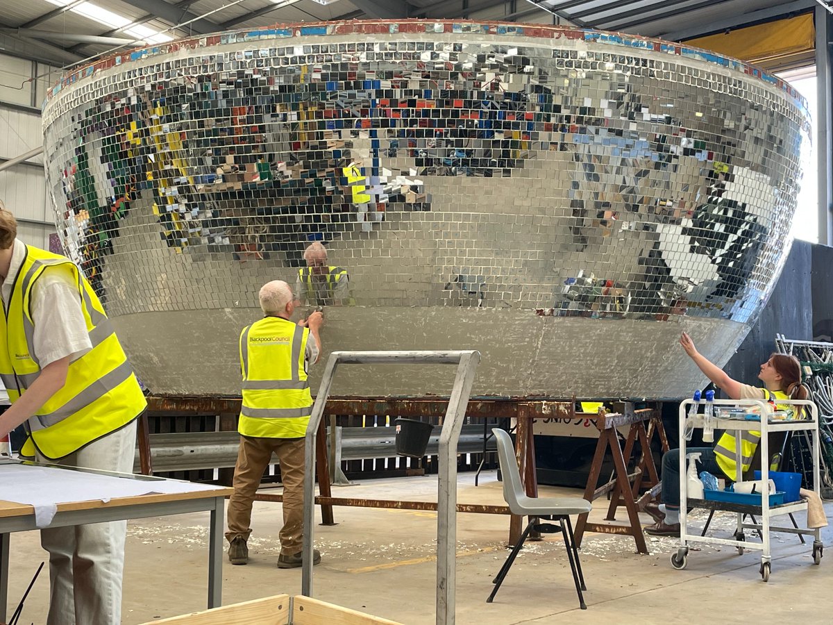 visitBlackpool's tweet photo. Late last year, the Mirror Ball was dismantled from the Promenade to have a glamorous makeover after the salty sea air corroded the mirror tiles. 

The work is requiring 1,000 tubes of adhesive to replace all 47,000 mirrors! 

It’ll be back shining in time for the summer season☀️ https://t.co/0fYzW0KlX5