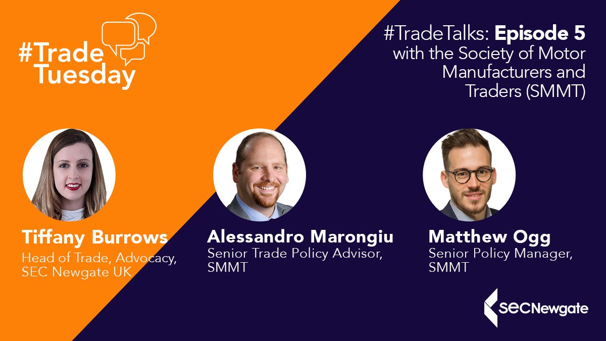 It's #TradeTuesday &amp; we have a podcast treat for you! 

For Episode 5 of #TradeTalks, Head of Trade <a href="/tcaburrows/">Tiffany Burrows</a> chats with the <a href="/SMMT/">SMMT</a>'s <a href="/TradeAlemaro/">Alessandro Marongiu</a> &amp; <a href="/mattogg/">Matt Ogg</a> about #Brexit &amp; what the sector needs for the UK's trade agenda to be a success 

🔊Listen here: soundcloud.com/secnewgateuk/t…