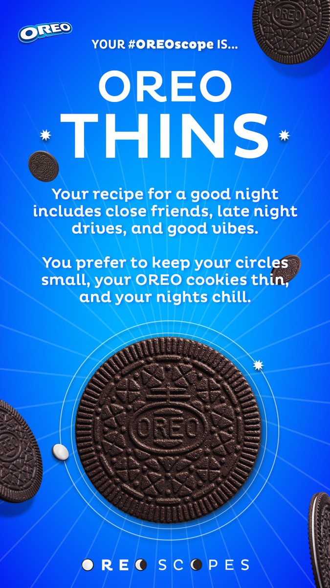 Oreo's tweet image. @Utahtravelbug the way you follow fewer than 100 people reminds us of an OREO Thin. 

Here’s your #OREOscope. Share and have your followers confirm! #StayPlayful bit.ly/3aoTu0S