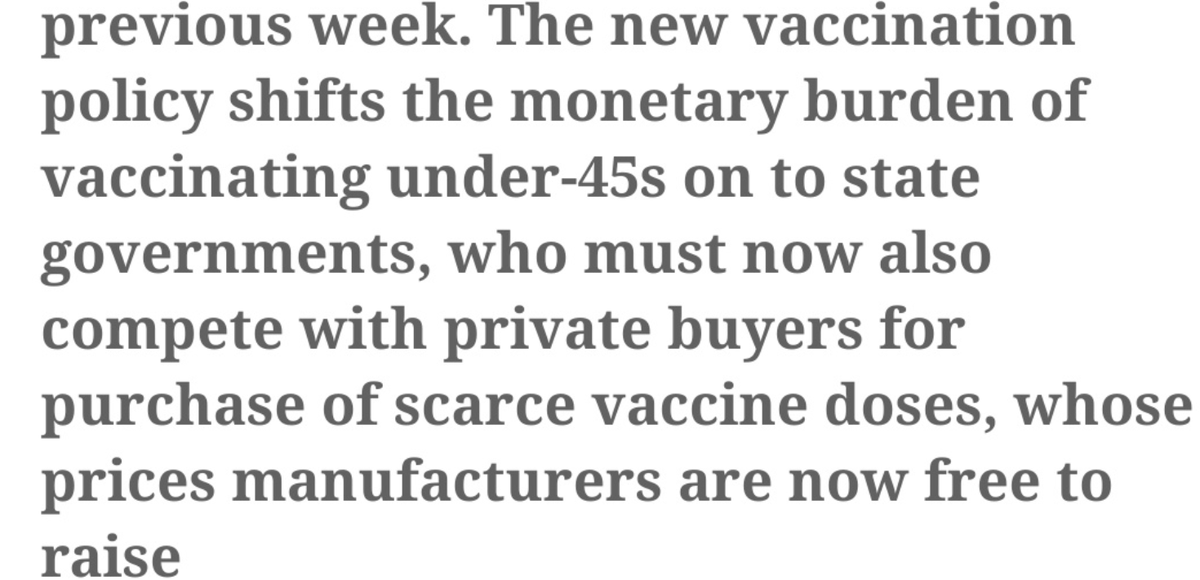 Dystopian madness. India suffers a massive 2nd wave (due in large part to govt mismanagement), the US refuses to waive vaccine patents or the export embargo, &amp; India's national govt forces its own states to pay for doses while letting makers sell them to the highest bidder.