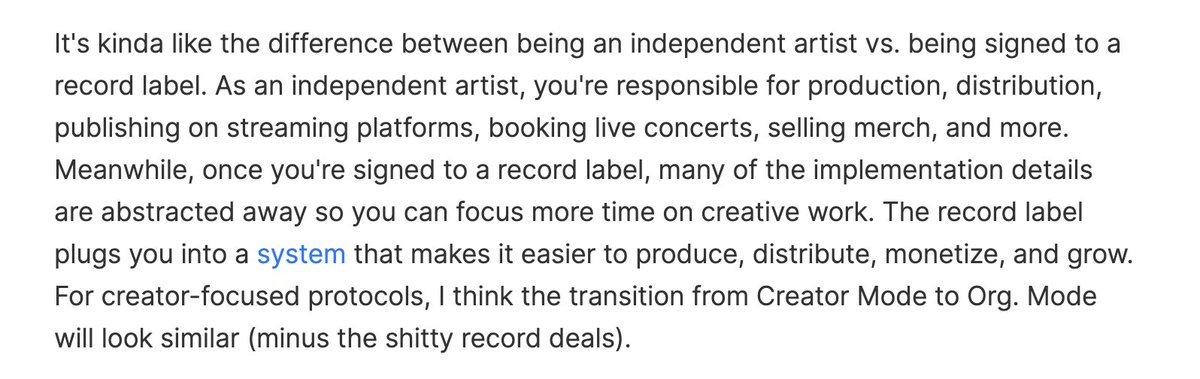 2/ Org. Modegoal: help creators and communities build sustainable crypto-native businessesCreator Mode is like being an independent artist while Org. Mode is like being signed to a record labelh/t  @Iiterature  @jarroddicker