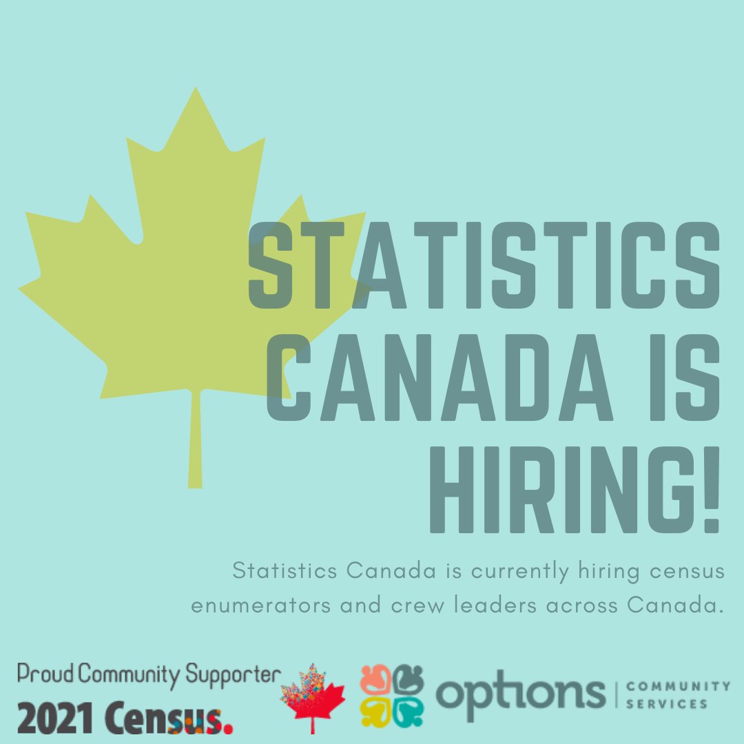 Looking to make a lasting contribution to Canada, its communities and its people? Canada's next census will take place in May 2021 and Statistics Canada is hiring!

Apply here: census.gc.ca/jobs-emplois-e…

#OptionsBC #StatisticsCanada #CensusJobs #Census   #Surrey  #MetroVan #Hiring