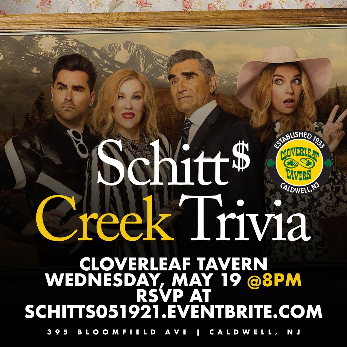 #SchittsCreek #Trivia @Cloverleafinfo on Wednesday, May 19 at 8pm. RSVP at; Schitts051921.Eventbrite.com #Caldwell #NorthJersey #NewJersey #EssexCounty #NJ