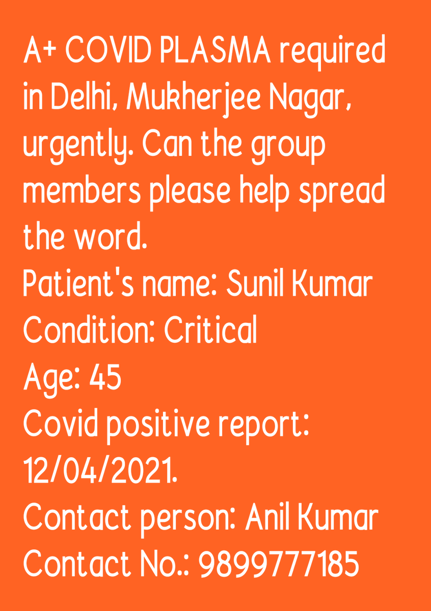 Ajeet Sharma (@cyberkidaks) on Twitter photo Need urgent COVID plasma. <a href="/dilipkpandey/">Dilip K. Pandey - दिलीप पाण्डेय</a> <a href="/srinivasiyc/">Srinivas BV</a> <a href="/raghav_chadha/">Raghav Chadha</a> <a href="/AAPDelhi/">Aam Aadmi Party Delhi</a> please help. Patient in critical condition. Need urgent COVID plasma. <a href="/dilipkpandey/">Dilip K. Pandey - दिलीप पाण्डेय</a> <a href="/srinivasiyc/">Srinivas BV</a> <a href="/raghav_chadha/">Raghav Chadha</a> <a href="/AAPDelhi/">Aam Aadmi Party Delhi</a> please help. Patient in critical condition.