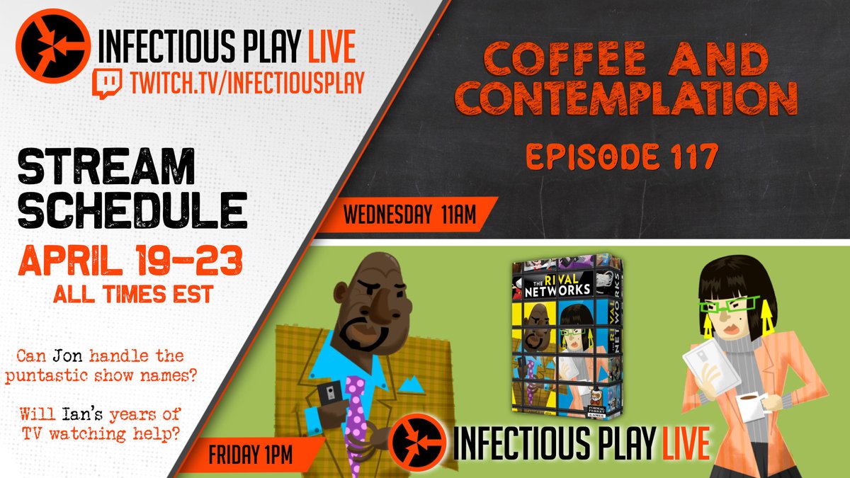InfectiousPlay's tweet image. ☕️Coffee and Contemplation 117 - Back in the same time zone and taking down another pot of coffee together.
🎲IPL: The Rival Networks - @JonGilmour v @Chaos_Moss as executives of tv stations vying for ratings in the newest @FormalFerret game from @gilhova!
twitch.tv/infectiousplay/