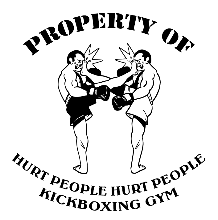 two boxers kicking each other in the face. "property of hurt people hurt people kickboxing gym"